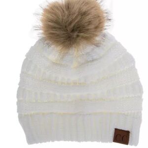 C.C White Knit Beanie with Tan Pom-Pom